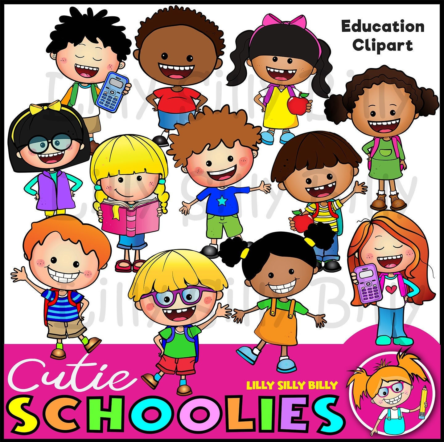 Cutie Schoolies. Clipart, Black and White & COLOR, small commercial and educational use.