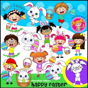 Easter Bunny - Clipart of the Easter Rabbit, Easter eggs and a child in an Easter costume/ onesie. Clipart commercial use.