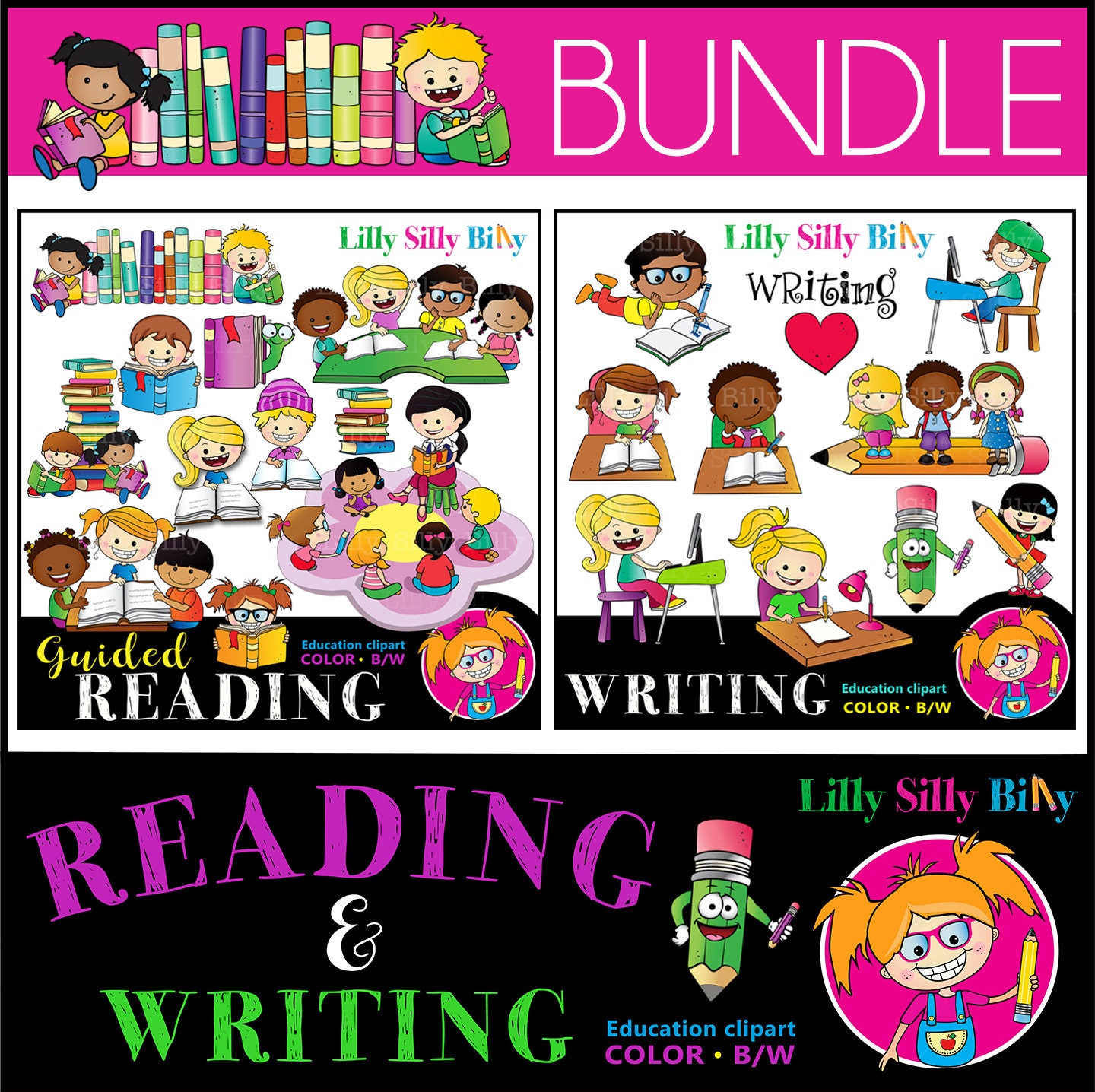 Reading and Writing 44 Images. Education Clipart, Children Learning to