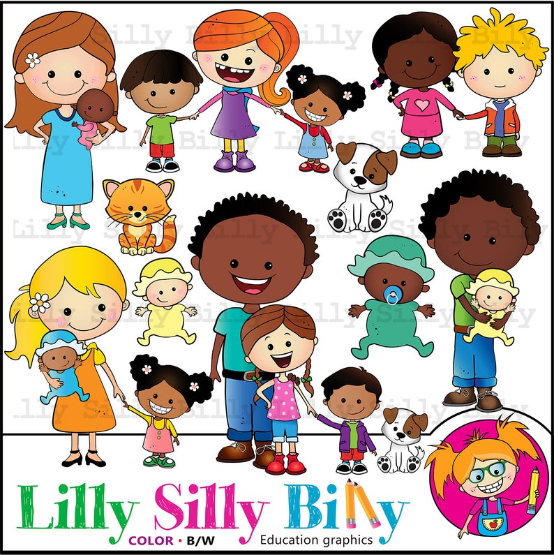May include: A colorful illustration featuring cartoon children, adults, a cat, and a dog. The image includes the text "Lilly Silly Billy" and "Education graphics". The characters are diverse in appearance and are holding hands.