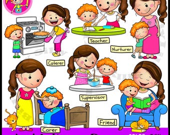 A Mothers Day 1 - oranjeharige jongen. Clipart in ZWART-WIT/volledige kleur. Klein commercieel* en educatief gebruik.
