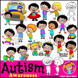 Clipart de conscientização sobre autismo - preto e branco/cores. Pequeno uso comercial e educacional.