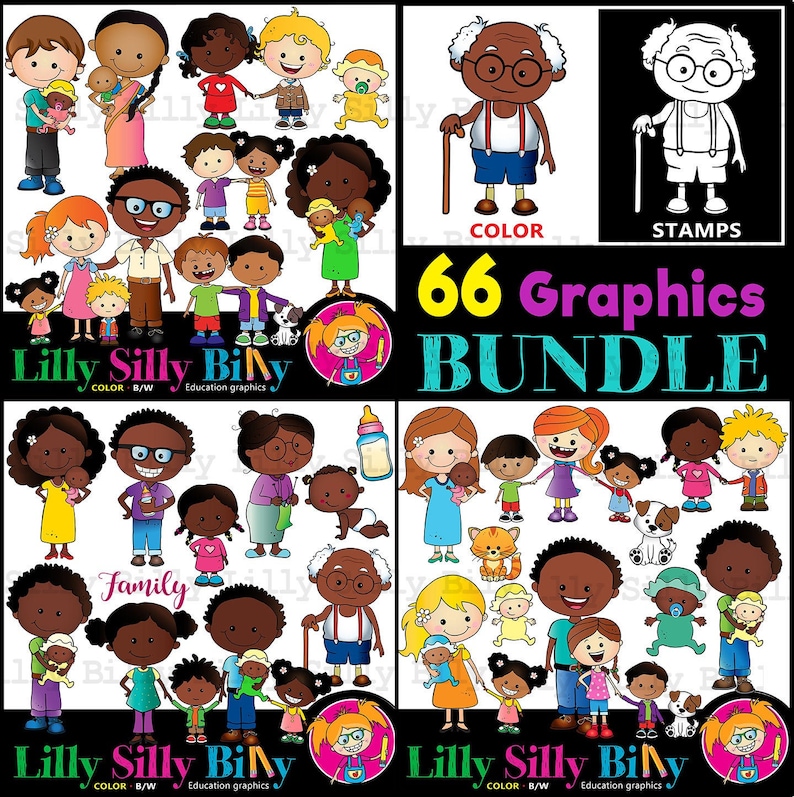 May include: A collection of 66 graphics featuring cartoon families, children, and babies in various poses. The images include color and black and white stamp versions. The text "Lilly Silly Billy" and "Family" are also present.