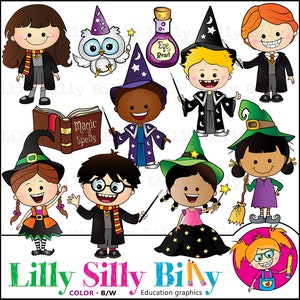 May include: A set of colorful cartoon illustrations featuring characters wearing wizard hats and robes, holding wands and books. The illustrations include a book with the words "Magic Spells", a potion bottle with the words "Eye of Newt", and a white owl. The illustrations are perfect for use in educational materials or for creating fun and whimsical crafts.