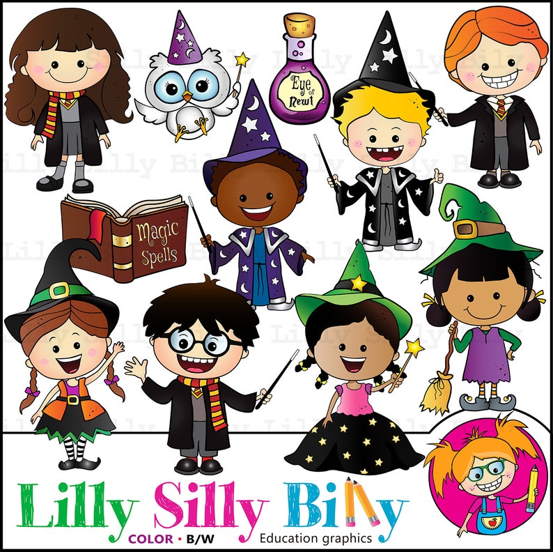May include: A set of colorful cartoon illustrations featuring characters wearing wizard hats and robes, holding wands and books. The illustrations include a book with the words "Magic Spells", a potion bottle with the words "Eye of Newt", and a white owl. The illustrations are perfect for use in educational materials or for creating fun and whimsical crafts.