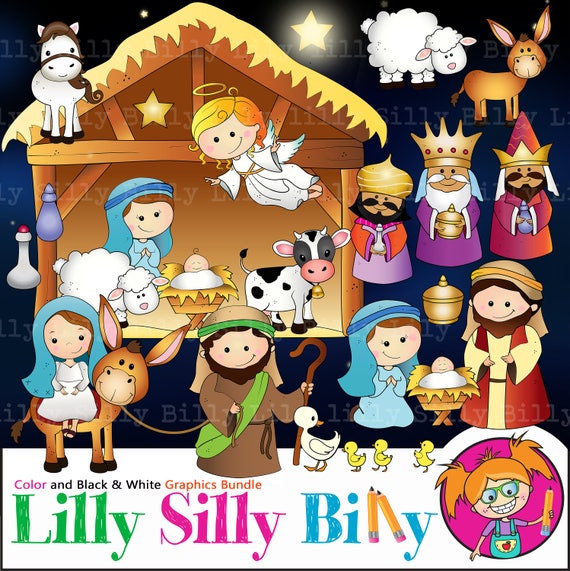 Nativity Clipart, 45 Images: Christmas Clipart in BLACK and WHITE and Full  Color. Wise Men, Mary & Joseph, Angel and Baby Jesus. 