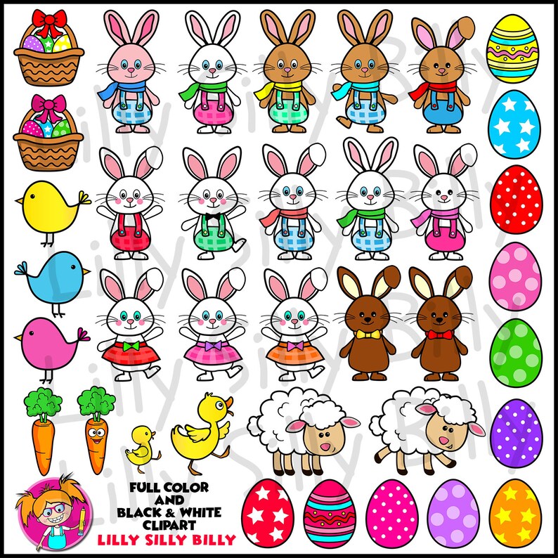 Hoppy easter clipart in black white full color small etsy