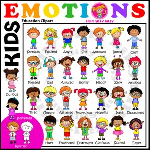 30 emozioni clipart per bambini. 60 immagini a colori e in bianco/nero. Dolci immagini digitali di sentimenti per uso commerciale, insegnanti e ritorno a scuola.