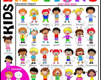 30 Emotions Clipart Kids. 60 Color and Black/white images. Sweet digital images of feelings for commercial use, teachers and back to school.
