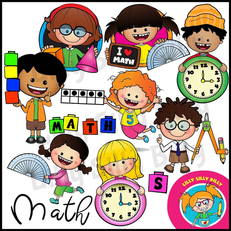 May include: Colorful cartoon characters learning math.  The characters are holding various math-related objects, including a clock, a protractor, a compass, and blocks.  The text "I &hearts; MATH" and "MATH" are also included in the image.