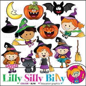 May include: A set of Halloween clip art featuring a black cat, a bat, a crescent moon, a pumpkin, and several witches with broomsticks. The witches are wearing black hats with purple and green accents. The text "Lilly Silly Biny" is at the bottom of the image.