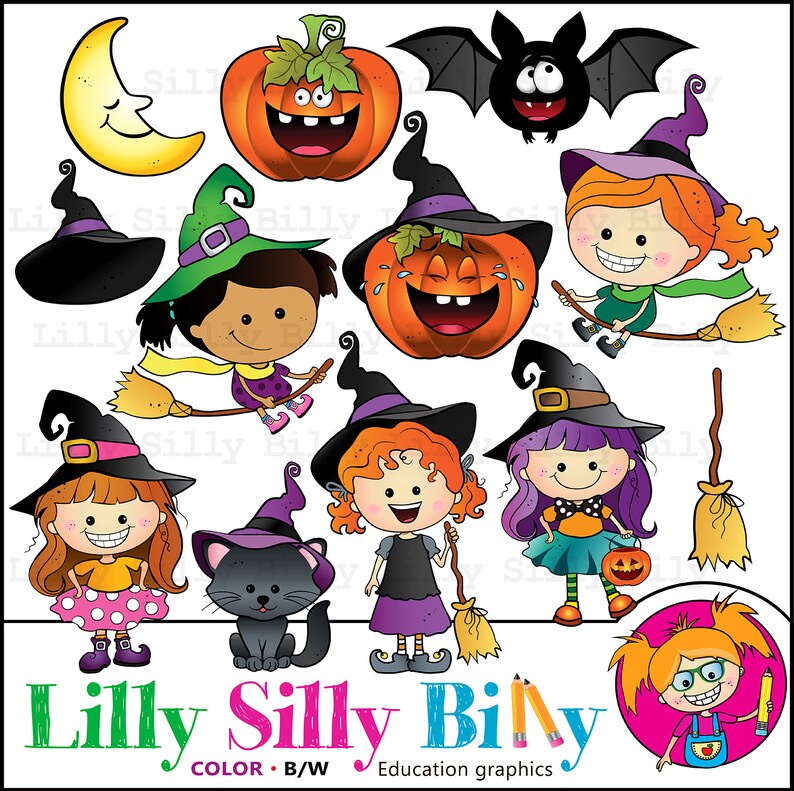 May include: A set of Halloween clip art featuring a black cat, a bat, a crescent moon, a pumpkin, and several witches with broomsticks. The witches are wearing black hats with purple and green accents. The text "Lilly Silly Biny" is at the bottom of the image.
