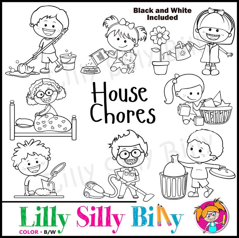 House Chores - BLACK and WHITE/ and Full Color Clipart. Educational and ...