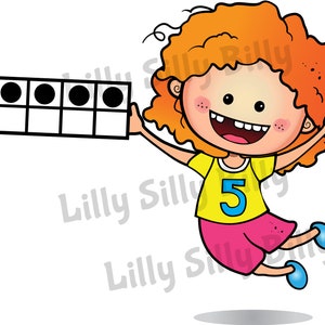 May include: A cartoon illustration of a girl with red hair holding a ten-frame with five black circles. The girl is wearing a yellow shirt with the number 5 on it and pink shorts. She is jumping in the air with a big smile on her face.