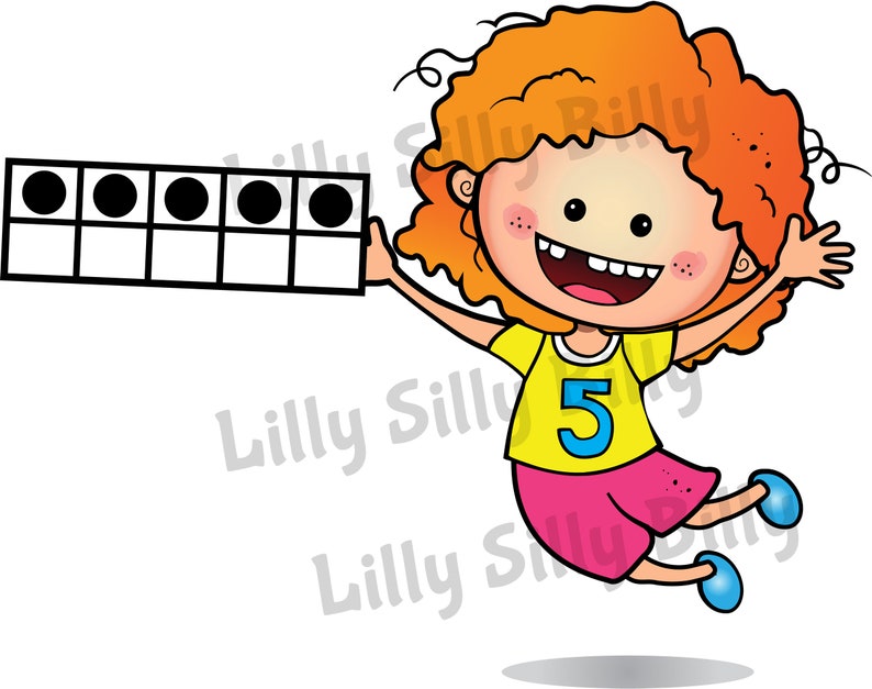 May include: A cartoon illustration of a girl with red hair holding a ten-frame with five black circles. The girl is wearing a yellow shirt with the number 5 on it and pink shorts. She is jumping in the air with a big smile on her face.