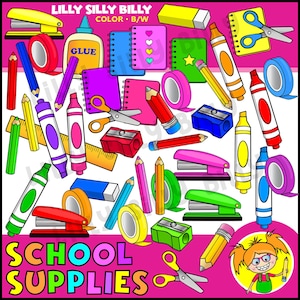 School Supplies. Rainbow colored school stationery clipart. Small commercial use.