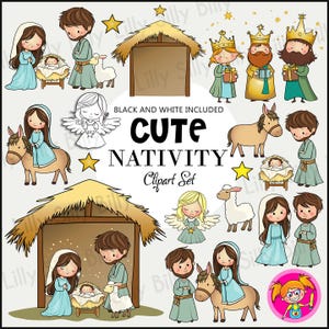Clipart Nativité, clipart Noël, sages, Marie et Joseph, mangeoire et animaux de la ferme, ange et bébé Jésus.