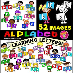 PAQUETE de letras para aprender el alfabeto (letras A a Z). 52 imágenes. Letras de colores. Uso comercial y educativo.