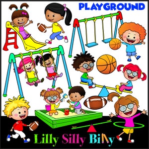 Clipart del parco giochi - bambini nel cortile della scuola, altalena, altalena, sandbox, hula-hoop. NERO e BIANCO/e clipart a colori.