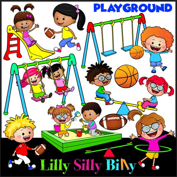 Playground Clipart - kids in the school playground, Swing, See-Saw, Sandbox, Hula-Hoop. BLACK and WHITE/ and full color clipart.