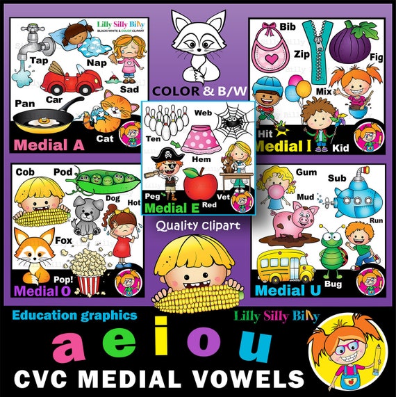 Medial Vowels Clipart - CVC Value Bundle, 60 vibrant images. Education and small commercial use.