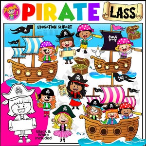 PIRATE LASSES | Pirate girls | Pirate ships and super sweet pirate characters | Commercial use and educational use graphics.