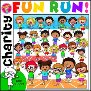 Fun Run! - 48 obrazów (pełny kolor i czarno-biały łącznie). Żywe ilustracje dzieci biorących udział w szkolnym lub społecznościowym biegu.