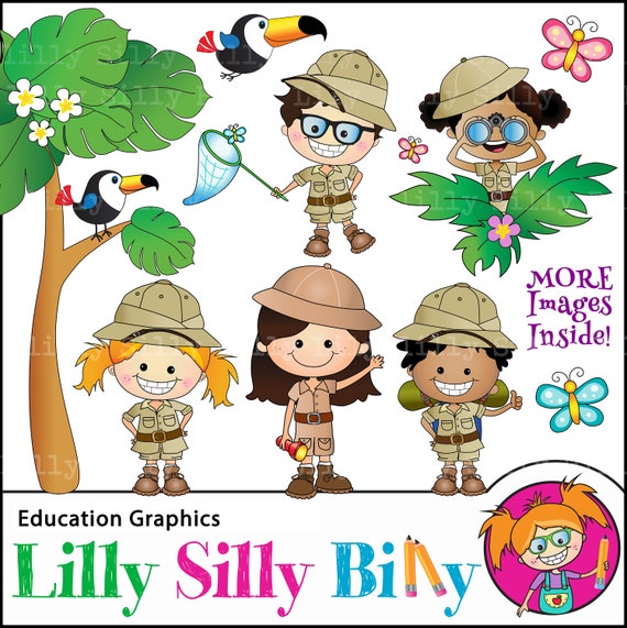 SAFARI Rain forest Adventure Clip art, cute characters in safari or ranger wear, rain forest tree and toucan, commercial use graphics.