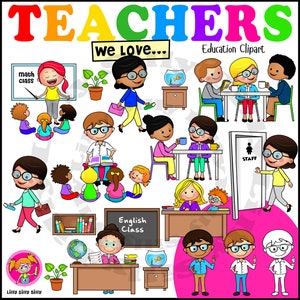 Wij houden van leraren! Clipartillustraties van schoolleraren. Docenten in actie.
