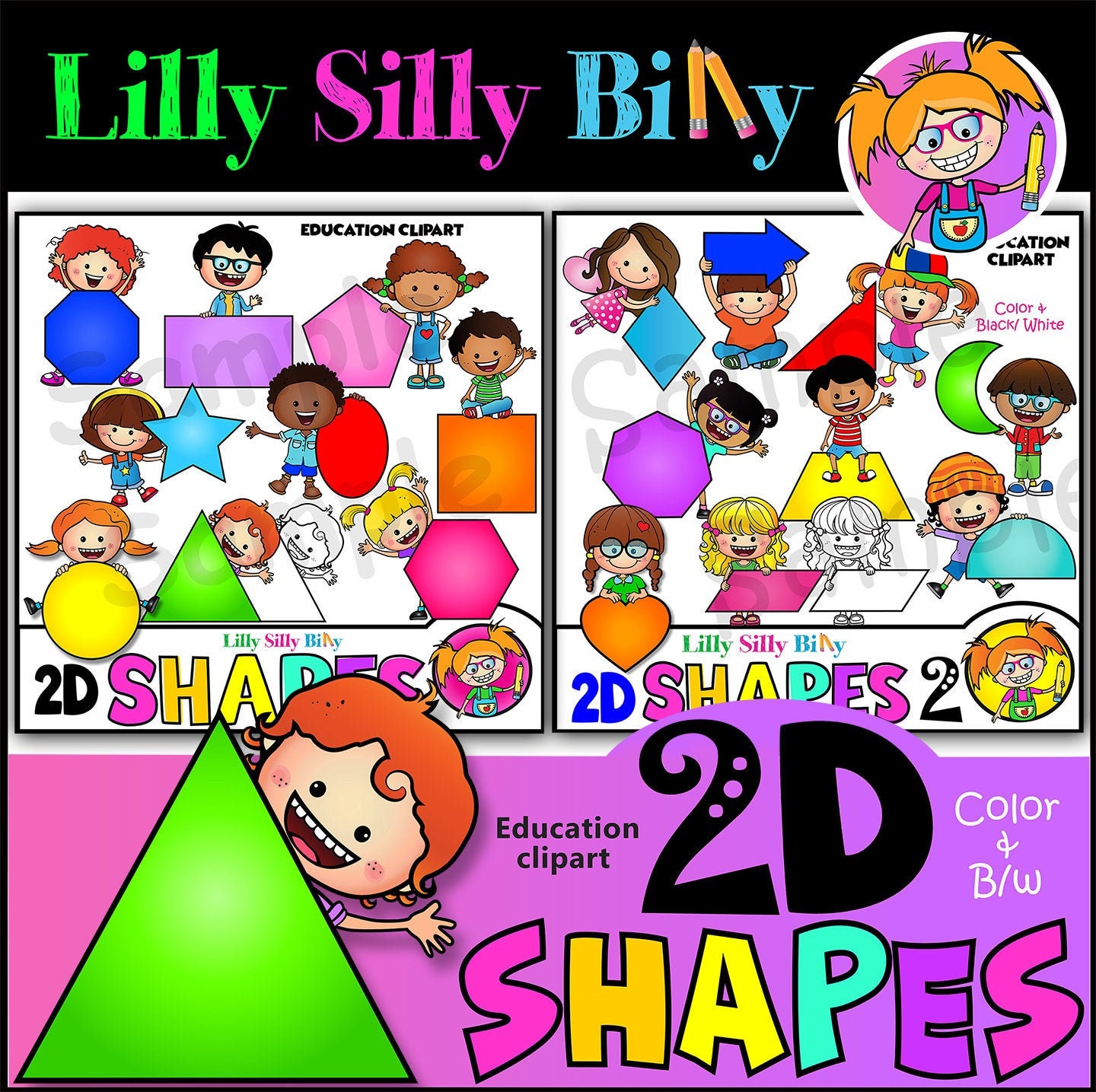 Kinderen met 2D Shapes clipart BUNDLE, Commercieel gebruik onderwijs graphics, Schattige clipart voor het onderwijzen van basisvormen.