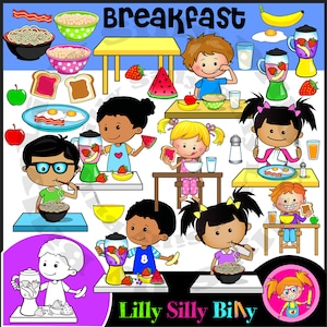 Petit-déjeuner Kiddos - Clip art santé et nutrition. Composez votre propre petit-déjeuner. Petites illustrations commerciales et éducatives.