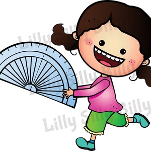 May include: A cartoon illustration of a girl with brown hair and a pink shirt holding a blue protractor.