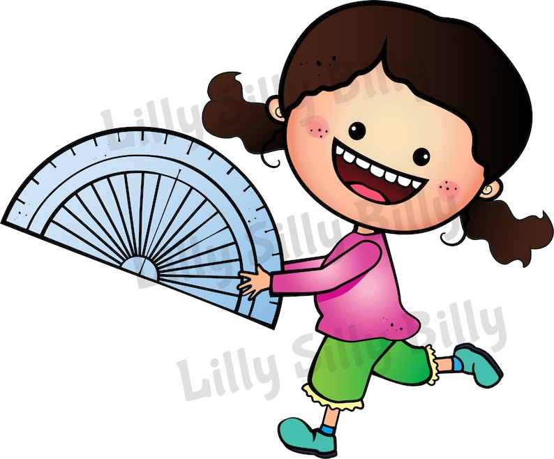 May include: A cartoon illustration of a girl with brown hair and a pink shirt holding a blue protractor.
