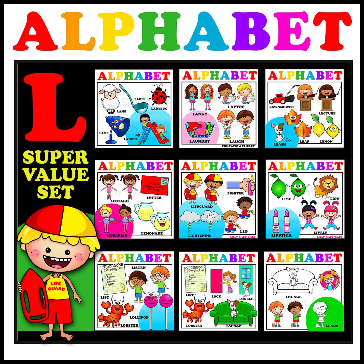 Alphabet Pictures - L Words for Beginners. Full Color Clipart for