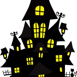 May include: A black silhouette of a spooky haunted house with yellow windows and a black cat on the balcony.