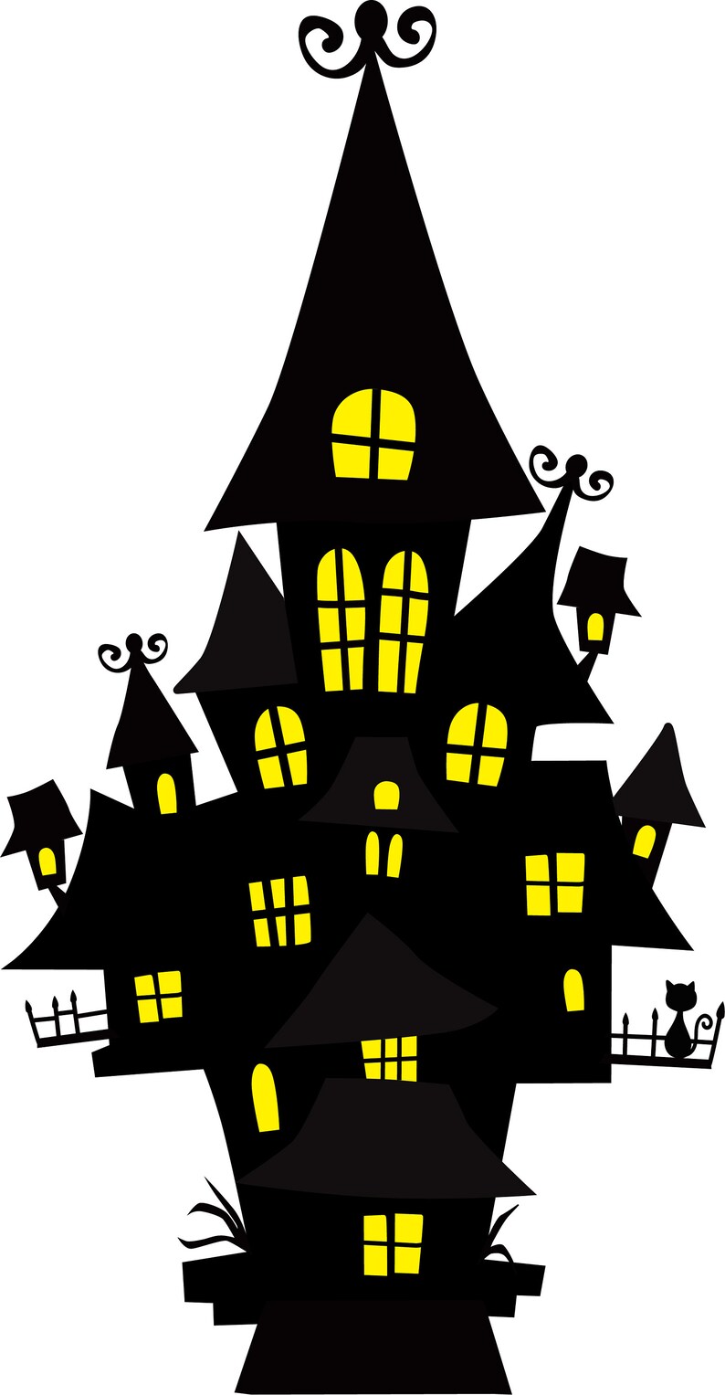 May include: A black silhouette of a spooky haunted house with yellow windows and a black cat on the balcony.