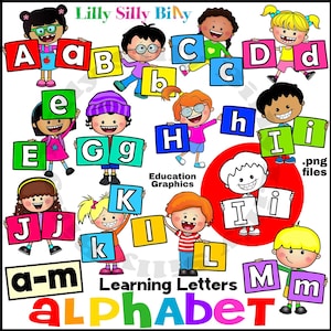 Alfabeto: aprendizaje de las letras (letras A a M). Imágenes prediseñadas. Uso comercial, uso personal y en proyectos educativos.