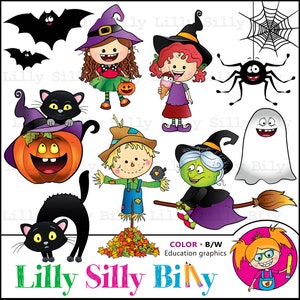 May include: A set of Halloween clip art featuring a witch, a scarecrow, a ghost, a spider, a black cat, a pumpkin, and a girl with a pencil. The clip art is in color and black and white. The text "Lilly Silly Bily" is at the bottom of the image.