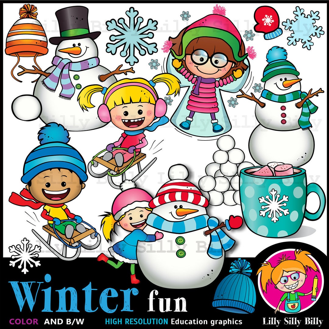 Winter Fun - BLACK and WHITE/ and Full Color Clipart, Winter and Snow Play.  Educational and Small Business Use. - Etsy, image size:1080x1078