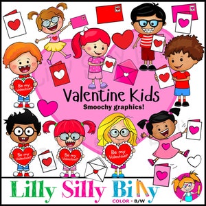 Valentinstag Kinder. Clip Art. SCHWARZ und WEISS und Farbe. Lerngrafik von Kindern, die den Valentinstag feiern.