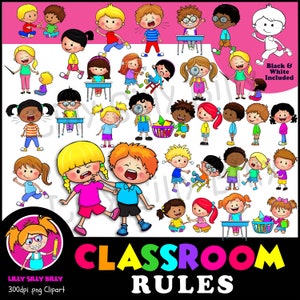 Regras da sala de aula, pacote de variedades - 50 imagens: clipart educacional em preto e branco e colorido, regras da comunidade da sala de aula. Download instantâneo.