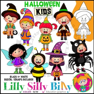 ハロウィーンの子供のクリップアート。白黒とカラー。ハロウィーンの衣装を着たさまざまな国籍の子供たち。教師と学校のグラフィック。