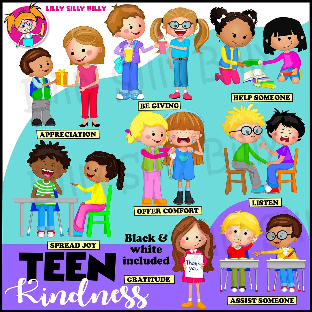 Teen Kindness. Clipart, Black and White & COLOR, Small Commercial Use