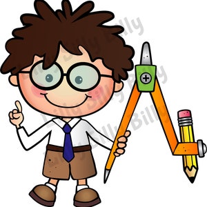 May include: A cartoon illustration of a boy wearing glasses and a blue tie holding a compass with a pencil attached. The compass is orange and green with a yellow pencil.