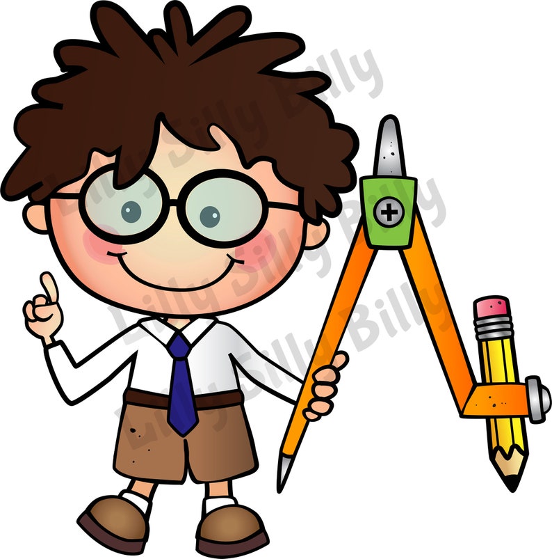 May include: A cartoon illustration of a boy wearing glasses and a blue tie holding a compass with a pencil attached. The compass is orange and green with a yellow pencil.