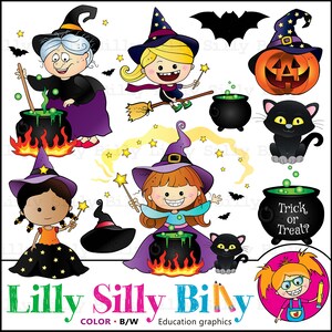 May include: A set of Halloween clip art featuring witches, cats, bats, cauldrons, stars, and a pumpkin. The witches are wearing purple, green, and black clothing. The cats are black. The bats are black. The cauldrons are black with green liquid inside. The stars are yellow. The pumpkin is orange with a jack-o'-lantern face. The text "Trick or Treat?" is also included.