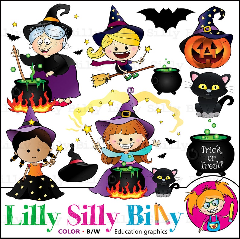 May include: A set of Halloween clip art featuring witches, cats, bats, cauldrons, stars, and a pumpkin. The witches are wearing purple, green, and black clothing. The cats are black. The bats are black. The cauldrons are black with green liquid inside. The stars are yellow. The pumpkin is orange with a jack-o'-lantern face. The text "Trick or Treat?" is also included.