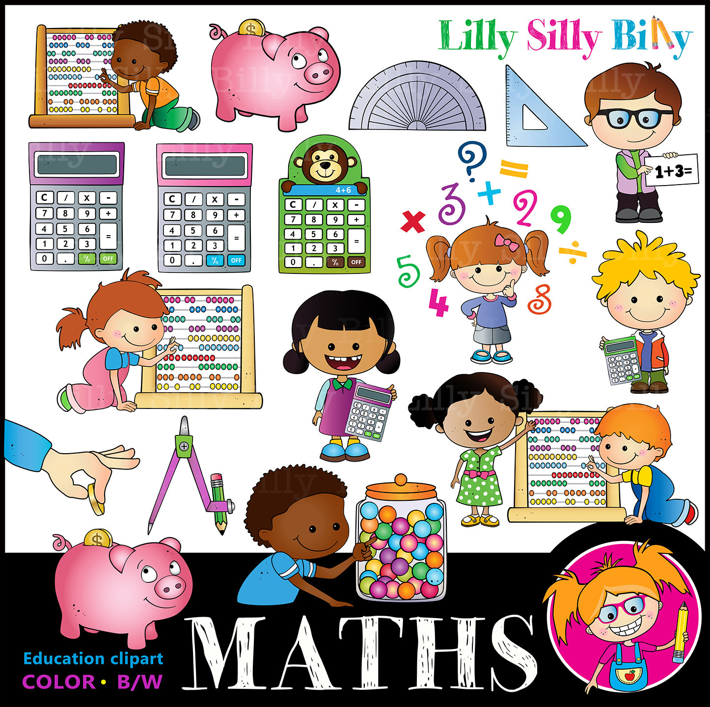 MATHS - 35 Clip art images (BLACK and WHITE/ full color). Children solving maths problems. Maths tools. Teaching aid graphics.