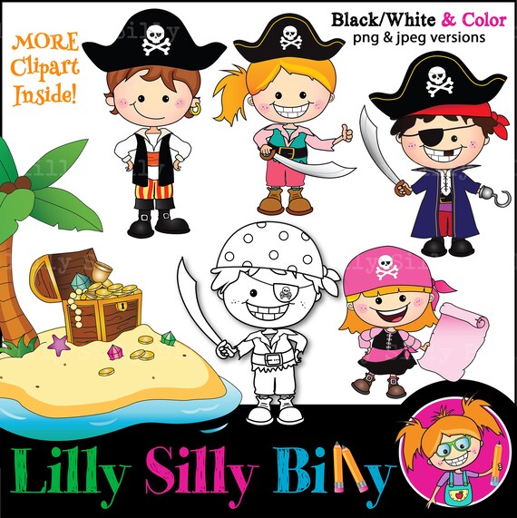 Pirate Treasures Black And White Color Clipart Adventure Etsy