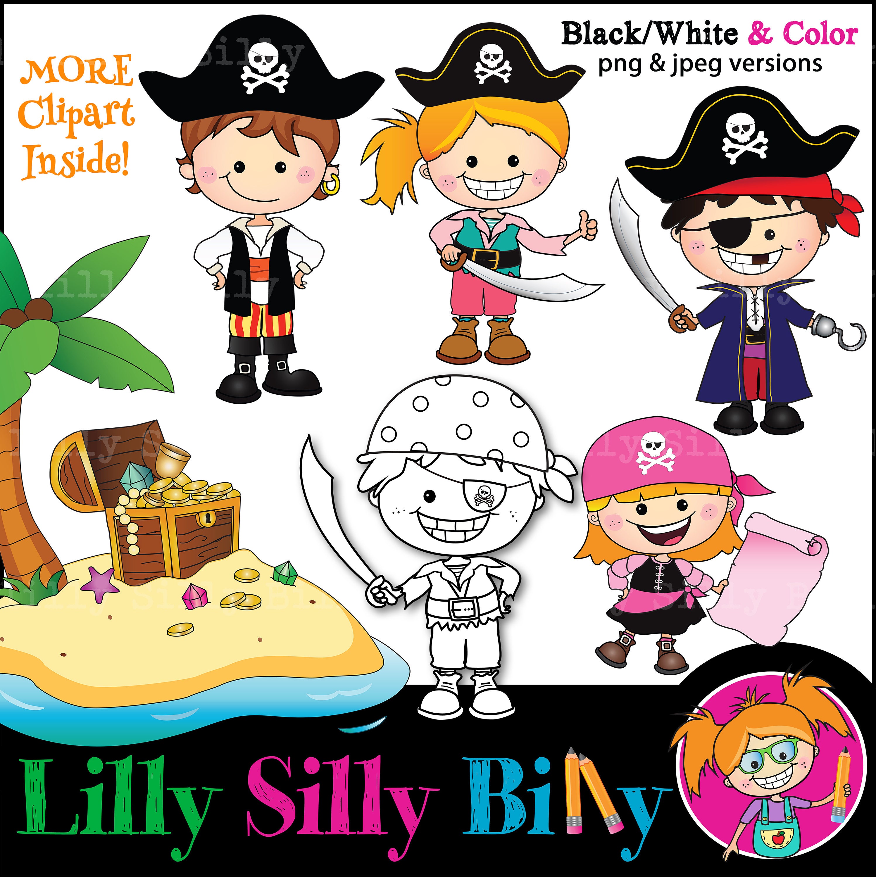 Pirate Treasures Black And White Color Clipart Adventure Etsy
